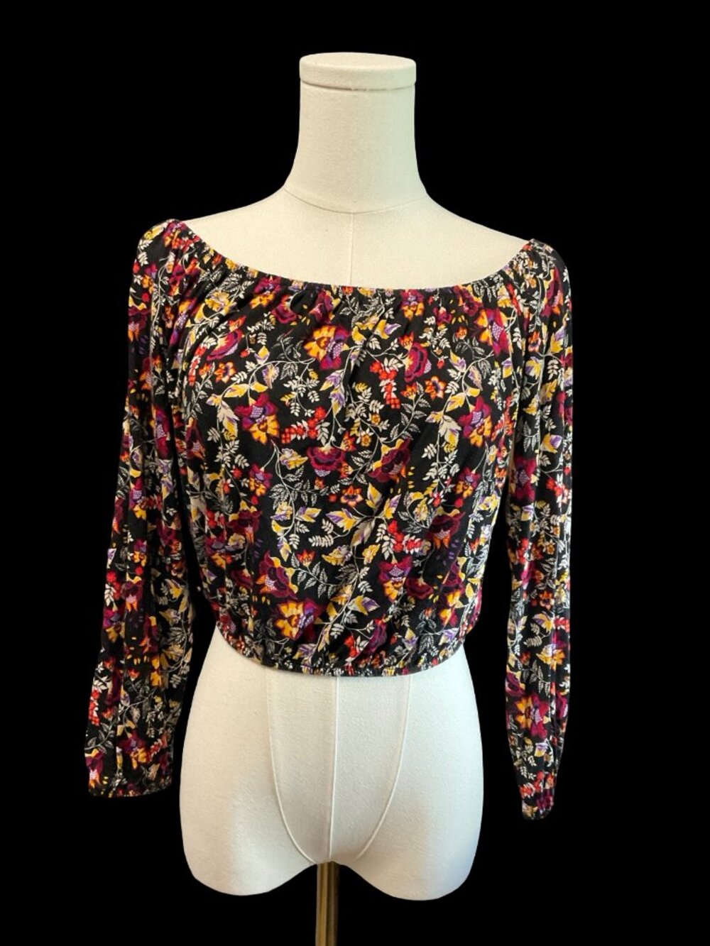 Black Floral Print Peasant Crop Top